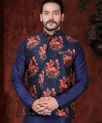 Navy kurta set with a striking floral nehru jacket—an elegant choice for festive occasions. 2