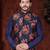 Navy kurta set with a striking floral nehru jacket—an elegant choice for festive occasions.