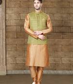 Olive-green textured nehru jacket with a matching pocket square, paired with a copper-gold kurta and trousers.