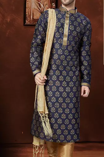 Navy kurta with rich gold motifs and trim, paired with gold trousers —perfect for festive celebrations.