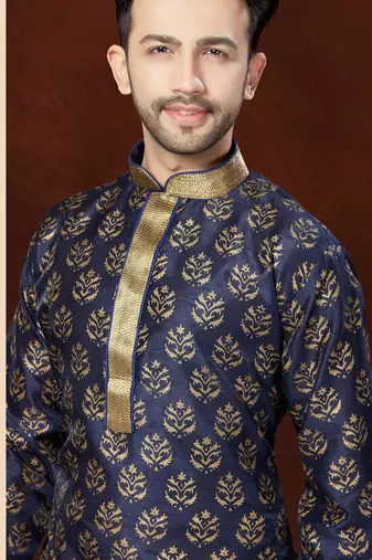 Navy kurta with rich gold motifs and trim, paired with gold trousers —perfect for festive celebrations.