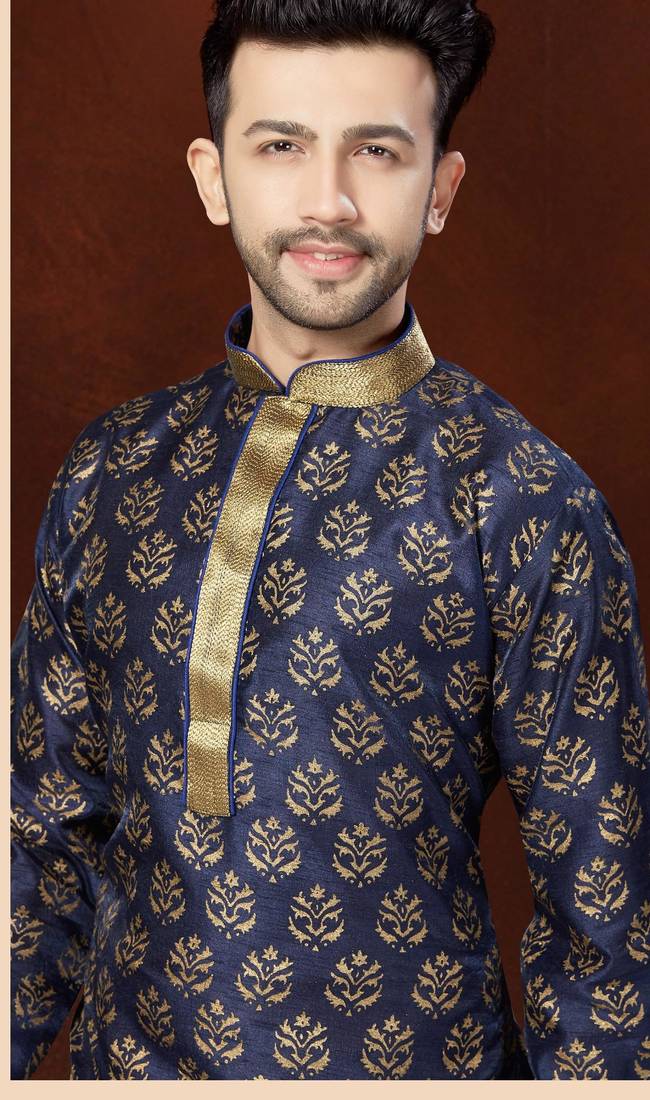 Navy kurta with rich gold motifs and trim, paired with gold trousers —perfect for festive celebrations.