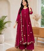Magenta chanderi hand embroidery anarkali set