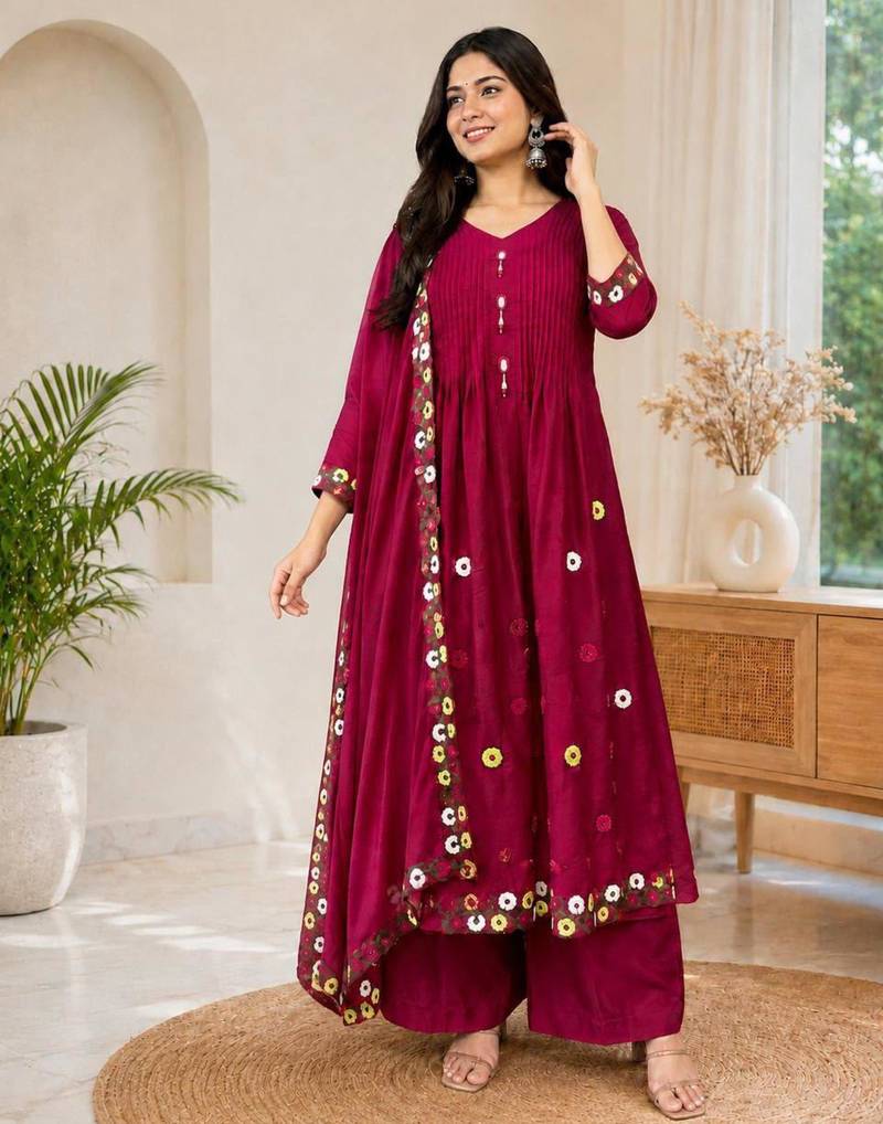 Magenta chanderi hand embroidery anarkali set