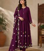 Purple chanderi hand embroidery anarkali set