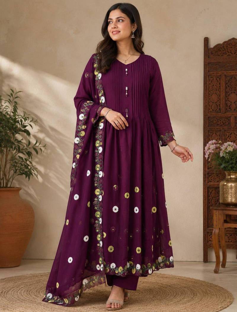 Purple chanderi hand embroidery anarkali set