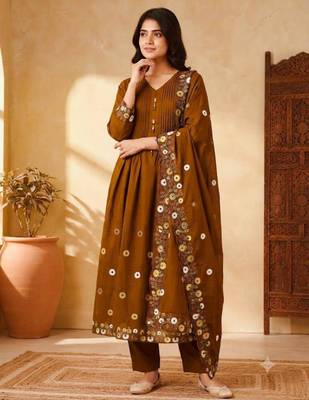 Brown chanderi hand embroidery anarkali set 1