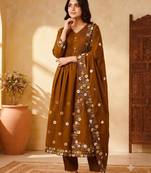 Brown chanderi hand embroidery anarkali set
