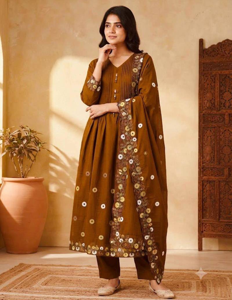 Brown chanderi hand embroidery anarkali set