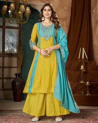 Yellow chanderi embroidered palazzo set 1