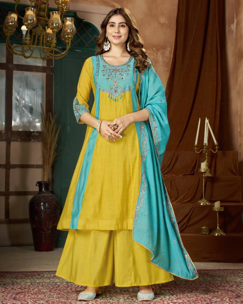Yellow chanderi embroidered palazzo set