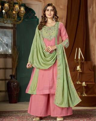 Pink chanderi embroidered palazzo set 1