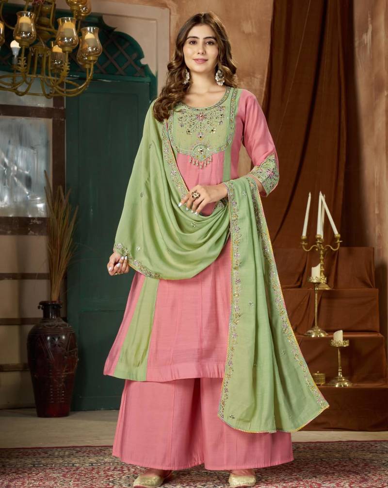 Pink chanderi embroidered palazzo set