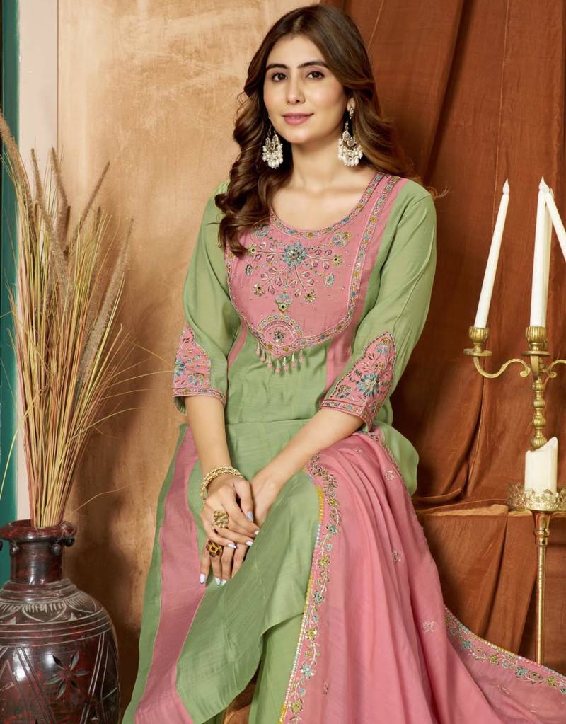 Light-green chanderi embroidered palazzo set