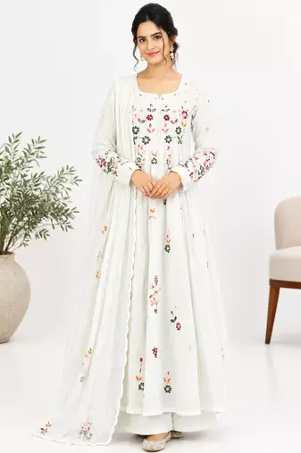 White chanderi embroidered anarkali set