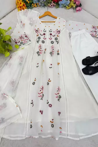 White chanderi embroidered anarkali set
