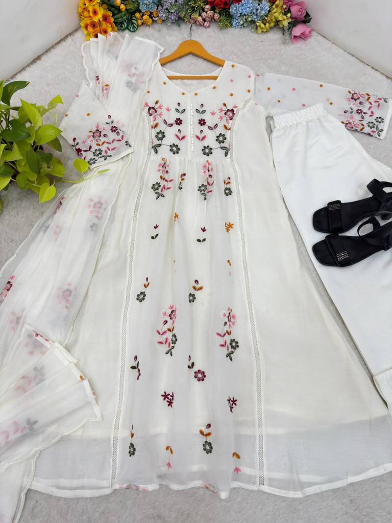 White chanderi embroidered anarkali set