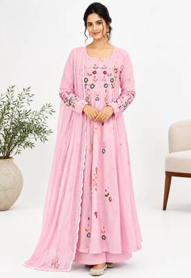 Baby-pink chanderi embroidered anarkali set 1