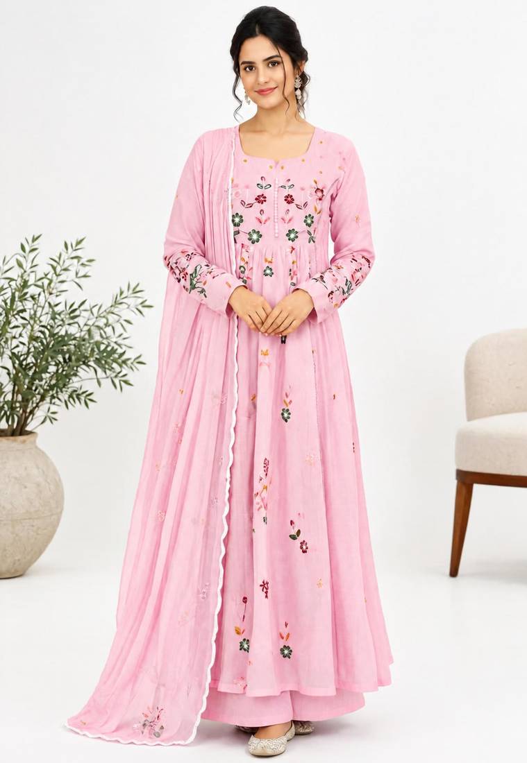 Baby-pink chanderi embroidered anarkali set