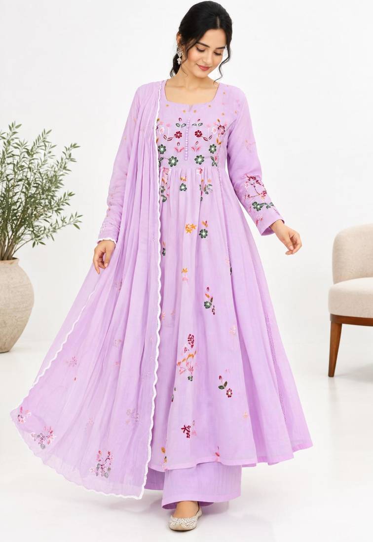 Lavender chanderi embroidered anarkali set
