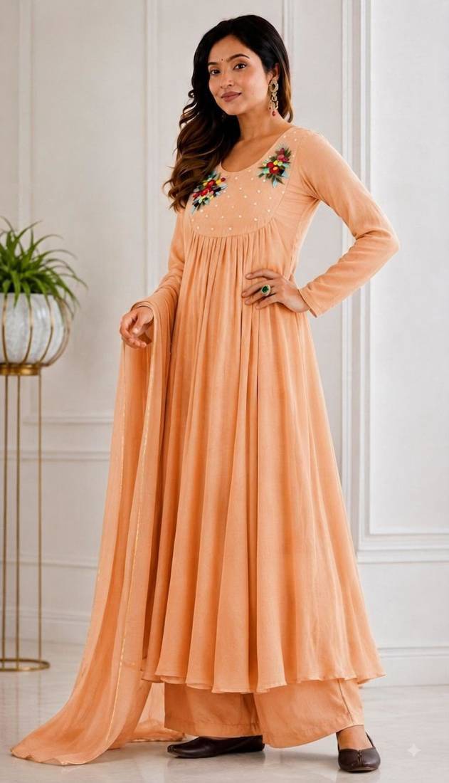 Peach chanderi embroidered anarkali set