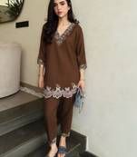 Brown crepe embroidered kurta set
