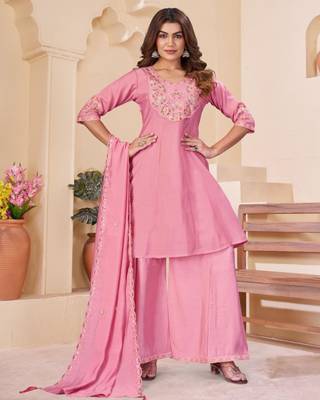 Pink chanderi embroidered palazzo set 1