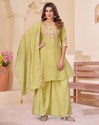 Light-olive chanderi embroidered palazzo set 1