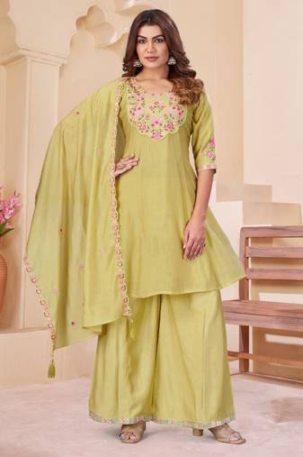 Light-olive chanderi embroidered palazzo set