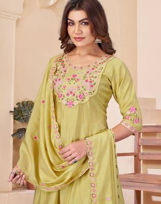 Light-olive chanderi embroidered palazzo set 2