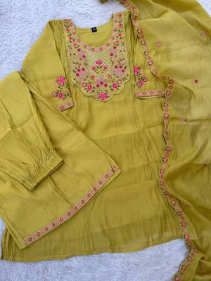 Light-olive chanderi embroidered palazzo set 3