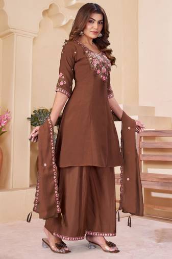 Brown chanderi embroidered palazzo set