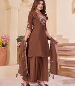 Brown chanderi embroidered palazzo set