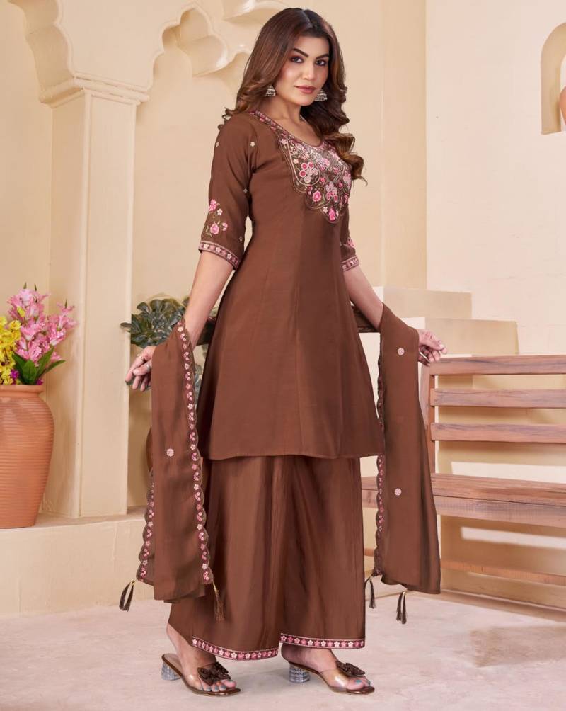 Brown chanderi embroidered palazzo set