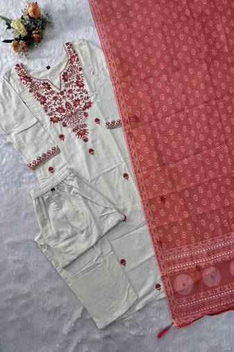 Off-white cotton poly embroidered kurta set