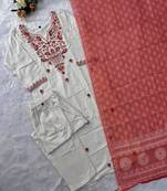 Off-white cotton poly embroidered kurta set