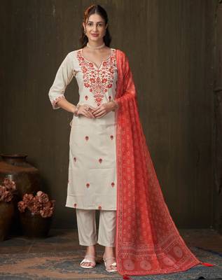 Off-white cotton poly embroidered kurta set 4