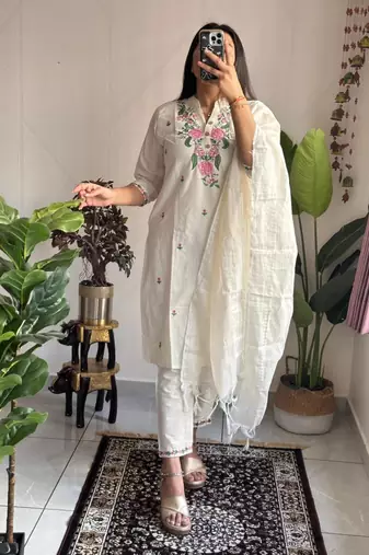 White cotton poly embroidered kurta set