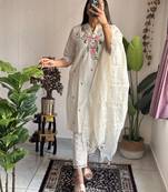 White cotton poly embroidered kurta set