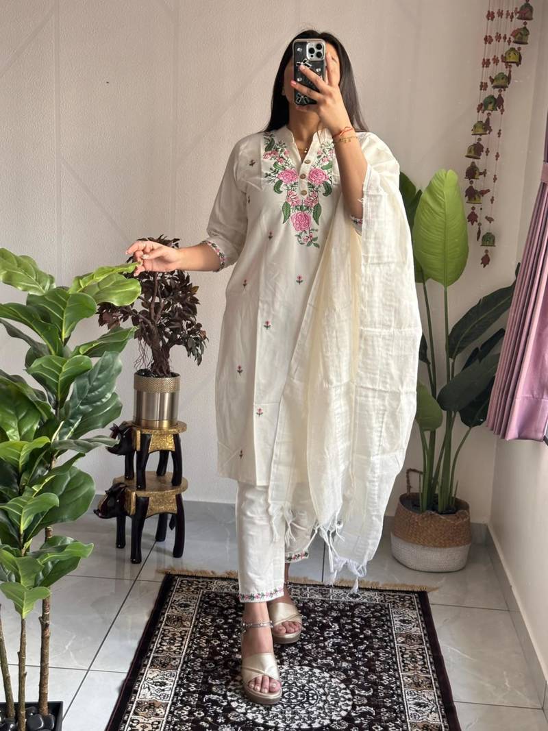 White cotton poly embroidered kurta set