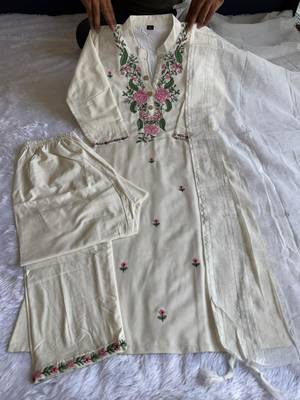 White cotton poly embroidered kurta set 2