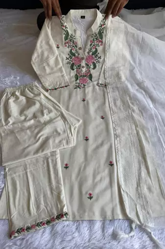 White cotton poly embroidered kurta set