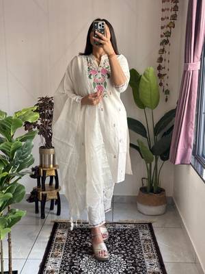 White cotton poly embroidered kurta set 3