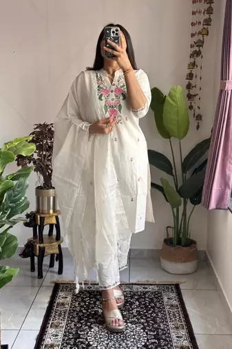 White cotton poly embroidered kurta set