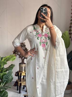 White cotton poly embroidered kurta set 4