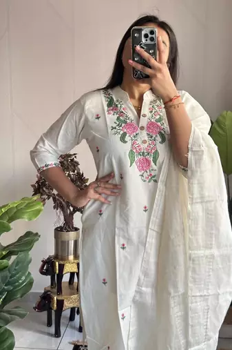 White cotton poly embroidered kurta set