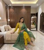 Dark-yellow silk blend embroidered kurta set