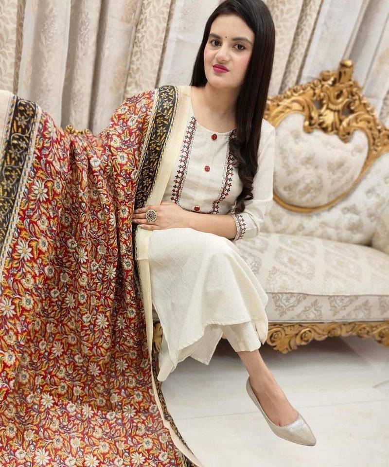 Cream cotton poly embroidered kurta set