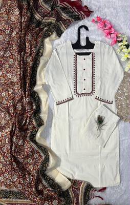 Cream cotton poly embroidered kurta set 2