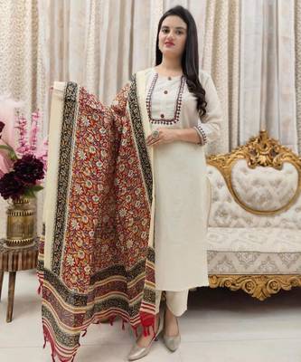Cream cotton poly embroidered kurta set 3